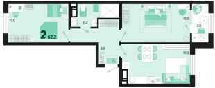 Планировка 2-комн. квартира, 62.2 м² ЖК «Первое место»