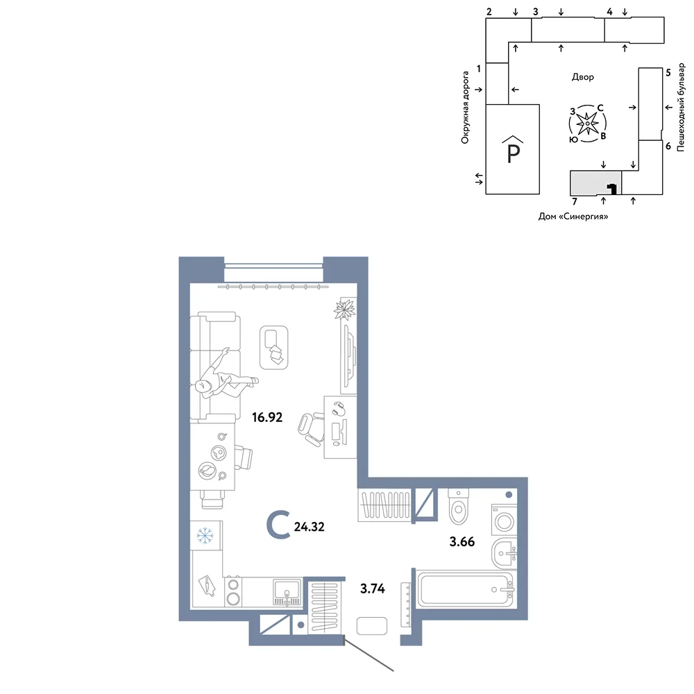 Планировка Студия, 24.32 м² ЖК «Юнион»