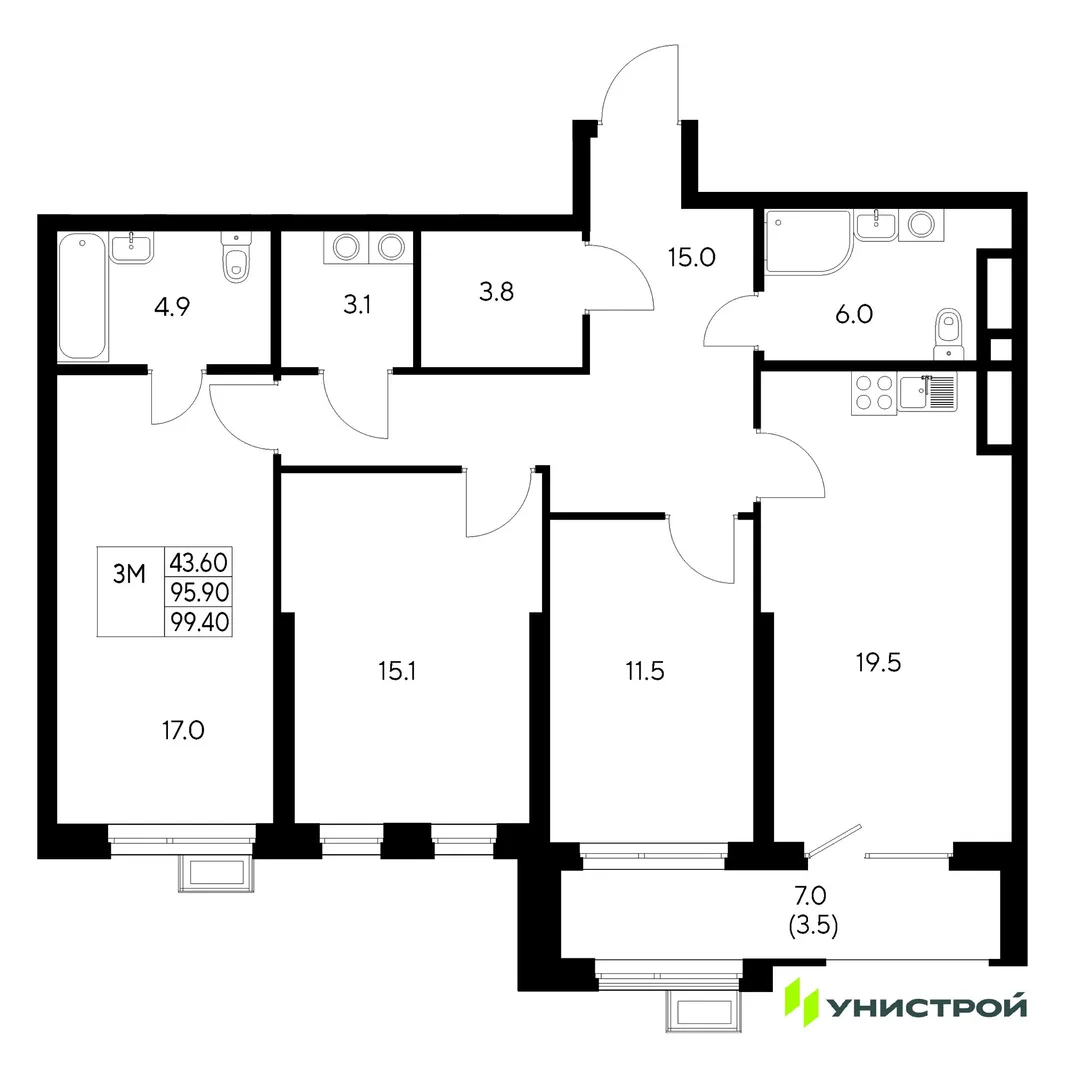 Планировка 3-комн. квартира, 99.4 м² ЖК «Стадиум»