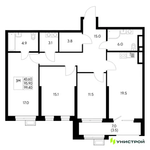 Планировка 3-комн. квартира, 99.4 м² ЖК «Стадиум»