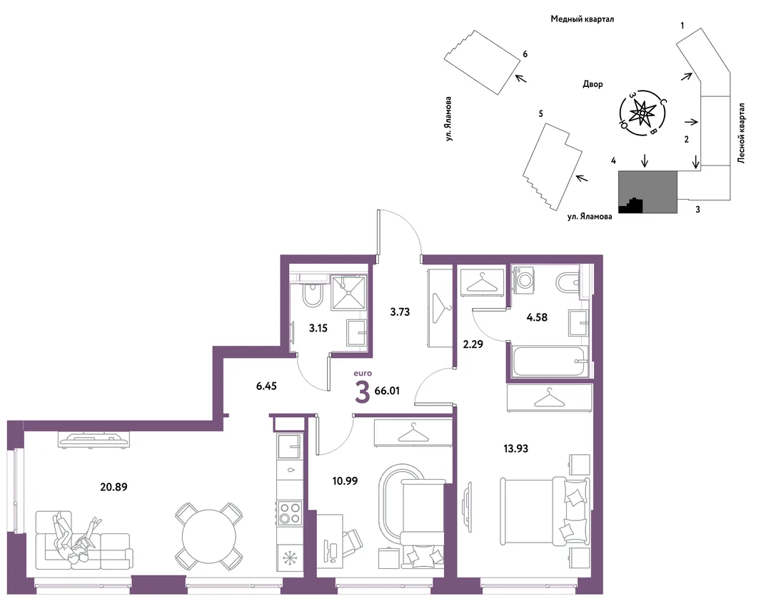 Планировка 3-комн. квартира, 66.01 м² ЖК «Сибирский сад»