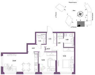Планировка 3-комн. квартира, 66.01 м² ЖК «Сибирский сад»