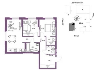 Планировка 3-комн. квартира, 66.62 м² ЖК «Европейский берег 2.0»