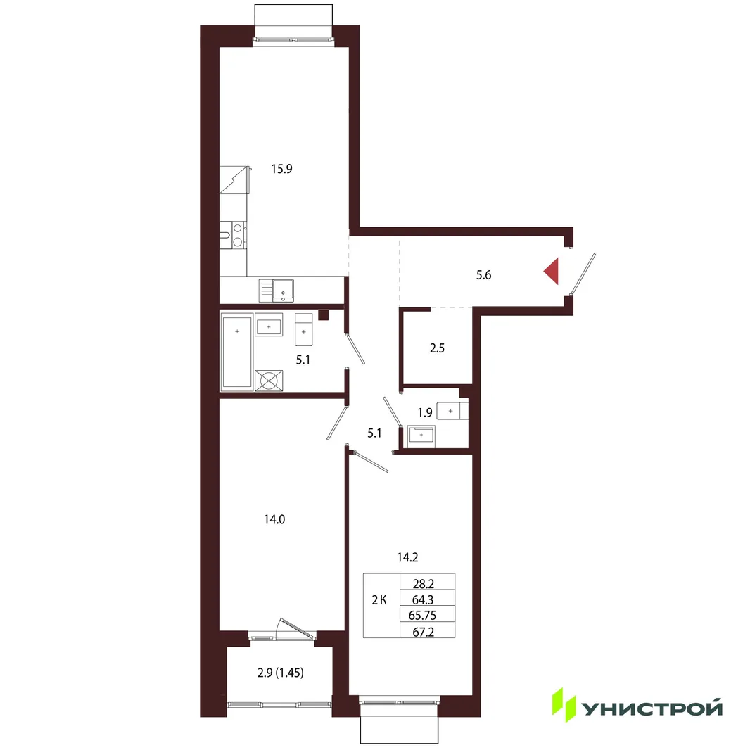 Планировка 2-комн. квартира, 65.75 м² ЖК «Лисино»