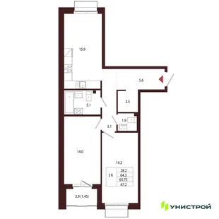 Планировка 2-комн. квартира, 65.75 м² ЖК «Лисино»