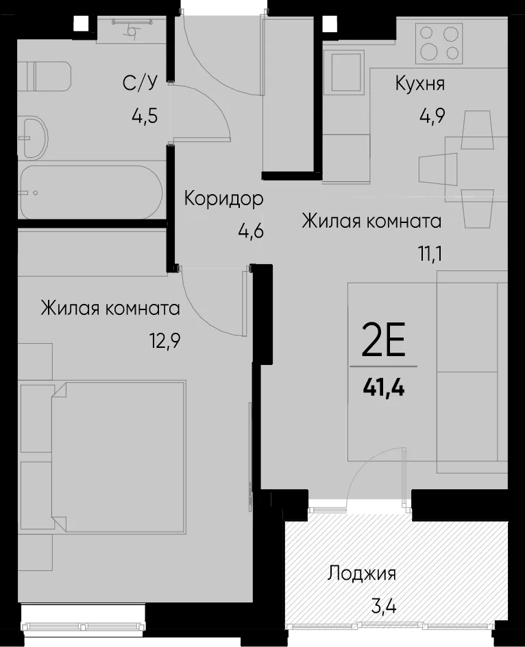 Планировка 2-комн. квартира, 41.4 м² ЖК «Васильевский остров»