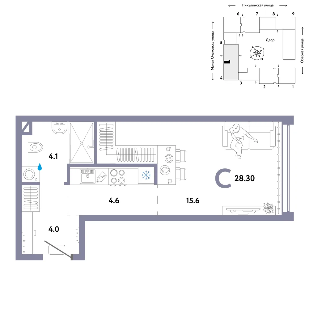 Планировка Студия, 28.3 м² ЖК «Страна.Озёрная»
