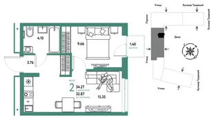 Планировка 2-комн. квартира, 34.27 м² ЖК «Микрорайон Домашний»