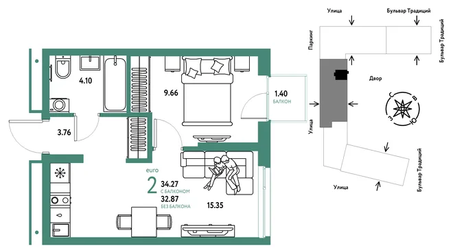 Планировка 2-комн. квартира, 34.27 м² ЖК «Микрорайон Домашний» Планировка 2-комн. квартира, 34.27 м² ЖК «Микрорайон Домашний»
