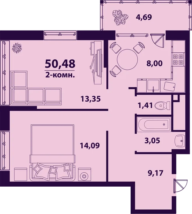 Планировка 2-комн. квартира, 50.48 м² ЖК «Сиреневый» Планировка 2-комн. квартира, 50.48 м² ЖК «Сиреневый»