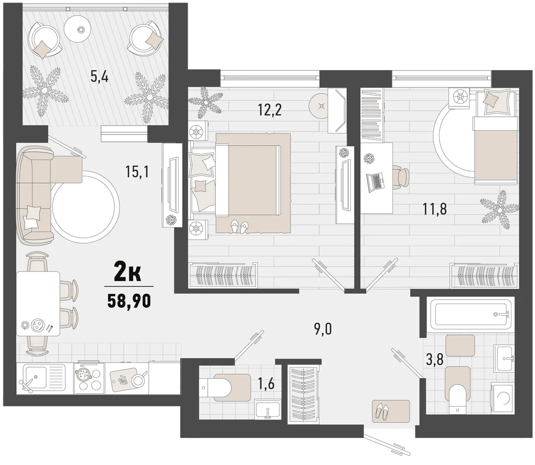 Планировка 2-комн. квартира, 58.5 м² ЖК «Барса»