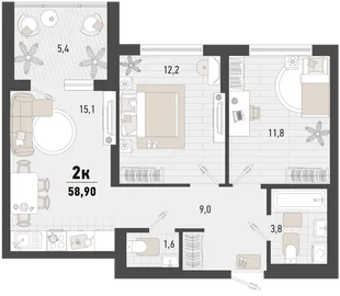 Планировка 2-комн. квартира, 58.5 м² ЖК «Барса»