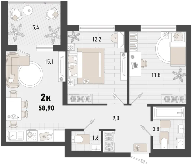 Планировка 2-комн. квартира, 58.5 м² ЖК «Барса» Планировка 2-комн. квартира, 58.5 м² ЖК «Барса»