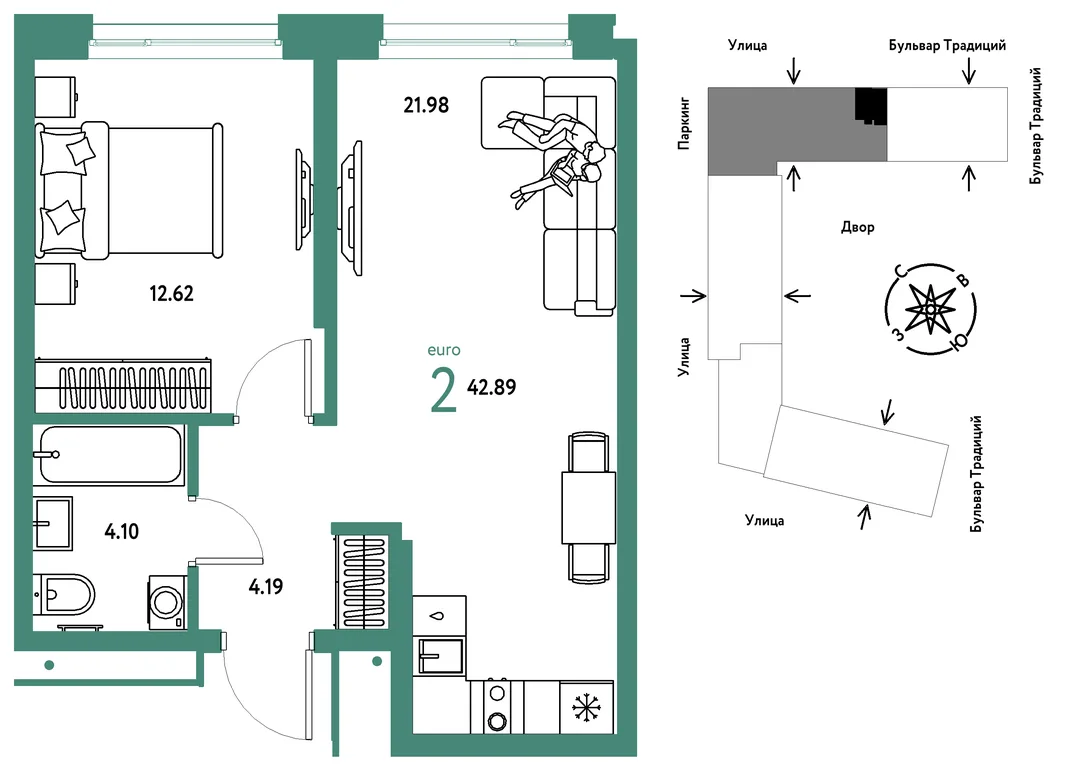Планировка 2-комн. квартира, 42.89 м² ЖК «Микрорайон Домашний»