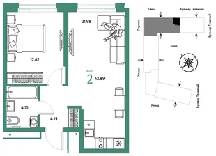 Планировка 2-комн. квартира, 42.89 м² ЖК «Микрорайон Домашний»