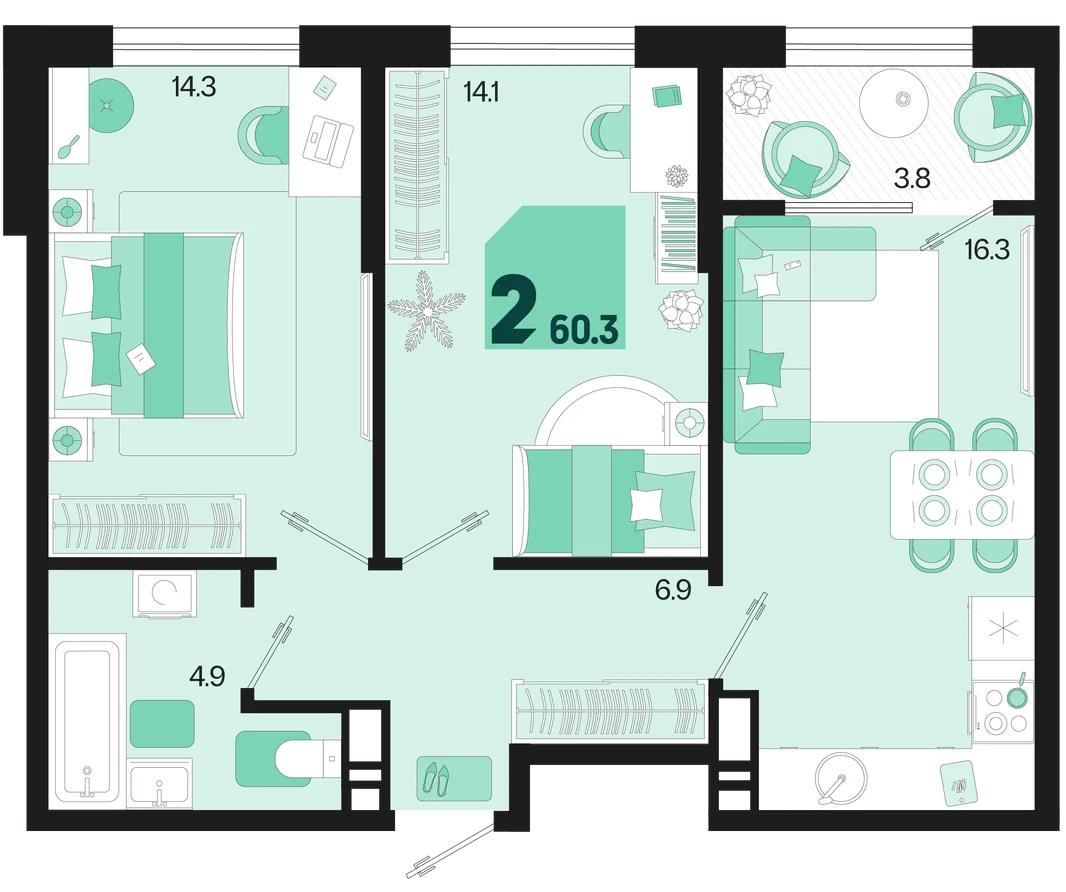 Планировка 2-комн. квартира, 60.3 м² ЖК «Первое место»