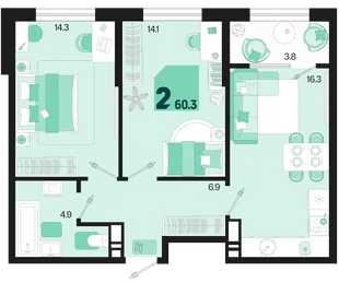 Планировка 2-комн. квартира, 60.3 м² ЖК «Первое место»