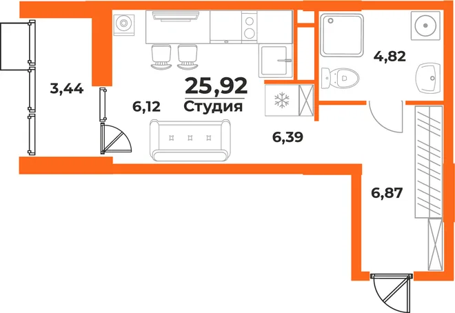 Планировка Студия, 25.92 м² ЖК «Живописный сад» Планировка Студия, 25.92 м² ЖК «Живописный сад»