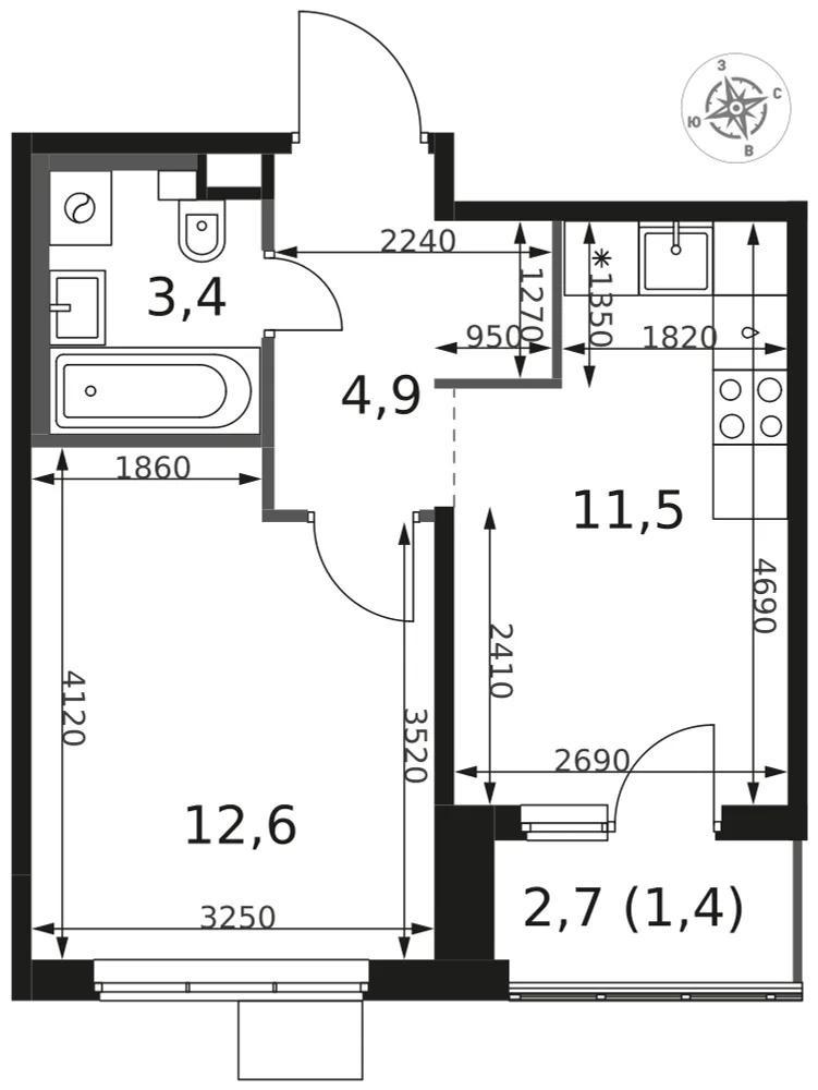 Планировка 1-комн. квартира, 33.8 м² ЖК «1-й Химкинский»