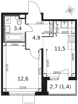 Планировка 1-комн. квартира, 33.8 м² ЖК «1-й Химкинский»