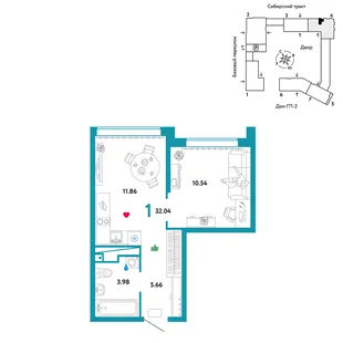 Планировка 1-комн. квартира, 32.04 м² ЖК «Сибирский сад»