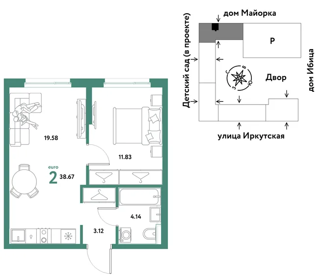 Планировка 2-комн. квартира, 38.67 м² ЖК «Остров-сад» Планировка 2-комн. квартира, 38.67 м² ЖК «Остров-сад»