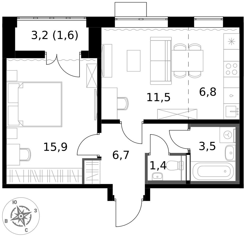 Планировка 2-комн. квартира, 53.7 м² ЖК «1-й Южный»