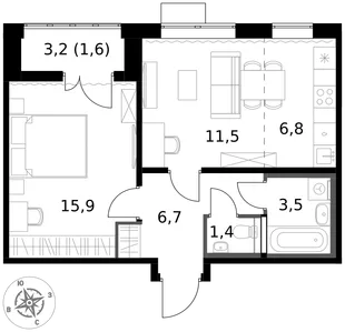 Планировка 2-комн. квартира, 53.7 м² ЖК «1-й Южный»