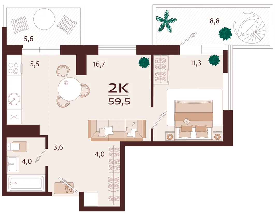 Планировка 2-комн. квартира, 59.5 м² ЖК «Роялта»