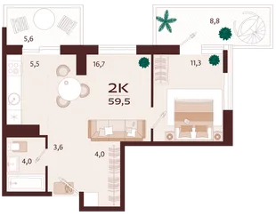 Планировка 2-комн. квартира, 59.5 м² ЖК «Роялта»