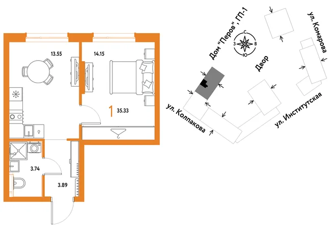 Планировка 1-комн. квартира, 35.33 м² ЖК «Страна.Парковая» Планировка 1-комн. квартира, 35.33 м² ЖК «Страна.Парковая»
