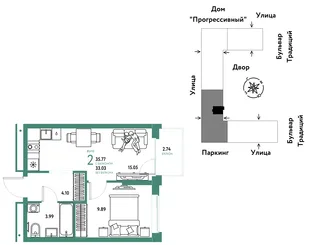 Планировка 2-комн. квартира, 35.77 м² ЖК «Микрорайон Домашний»