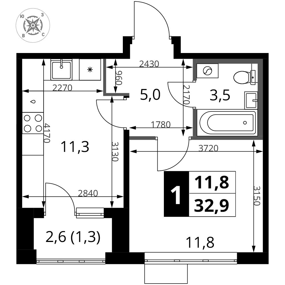 Планировка 1-комн. квартира, 32.9 м² ЖК «1-й Шереметьевский»