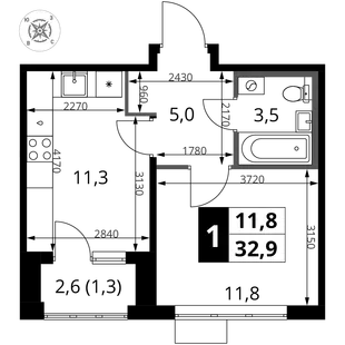Планировка 1-комн. квартира, 32.9 м² ЖК «1-й Шереметьевский»