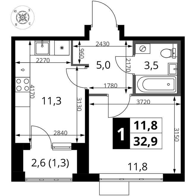 Планировка 1-комн. квартира, 32.9 м² ЖК «1-й Шереметьевский» Планировка 1-комн. квартира, 32.9 м² ЖК «1-й Шереметьевский»