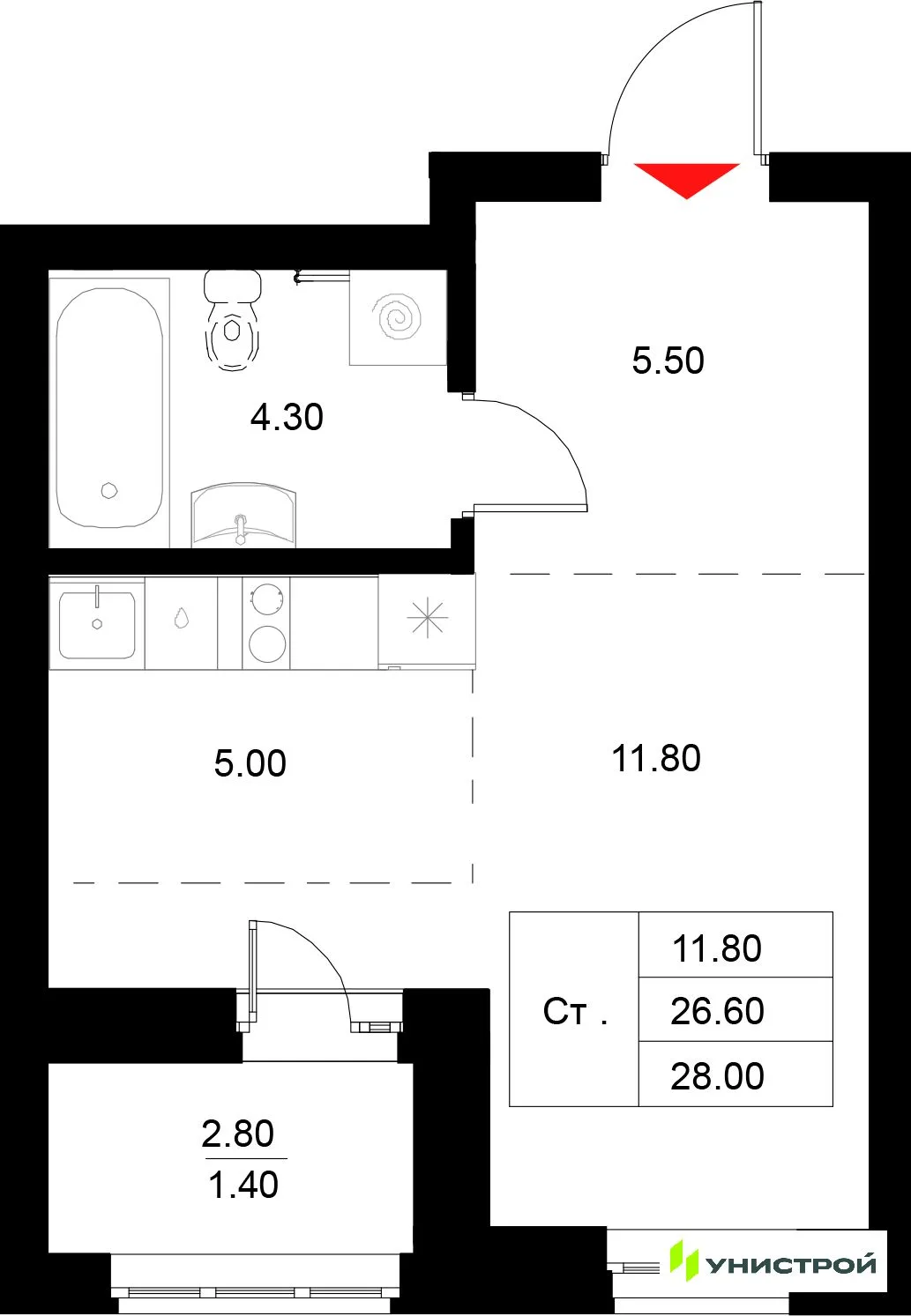 Планировка 1-комн. квартира, 28 м² ЖК «Уникод на Технической»