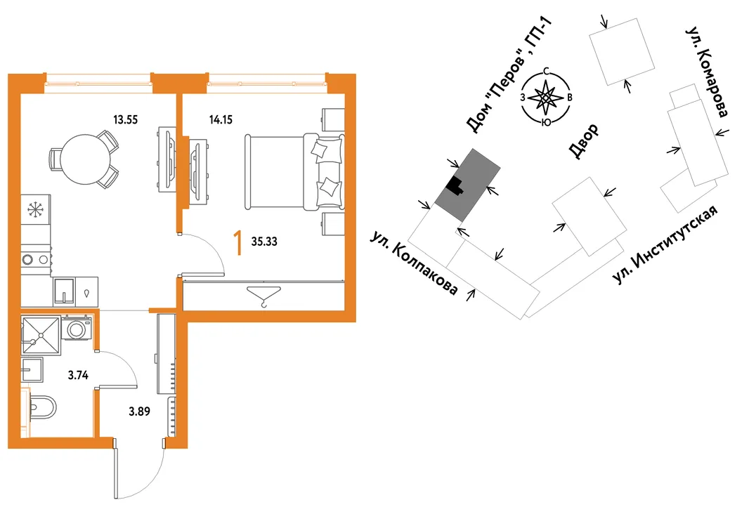 Планировка 1-комн. квартира, 35.33 м² ЖК «Страна.Парковая»