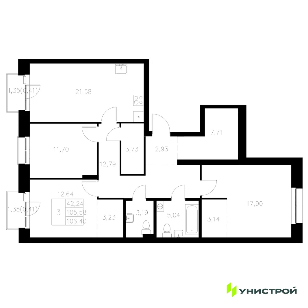 Планировка 3-комн. квартира, 106.4 м² ЖК «Statum»