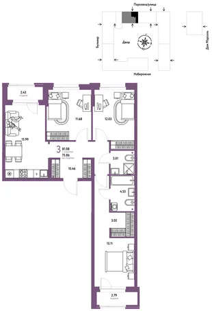 Планировка 3-комн. квартира, 81.08 м² ЖК «Европейский берег 2.0»