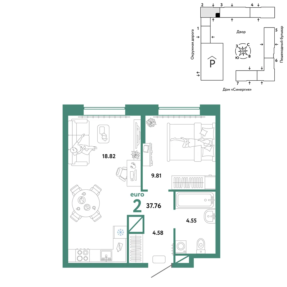Планировка 2-комн. квартира, 37.76 м² ЖК «Юнион»