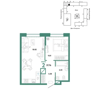 Планировка 2-комн. квартира, 37.76 м² ЖК «Юнион»