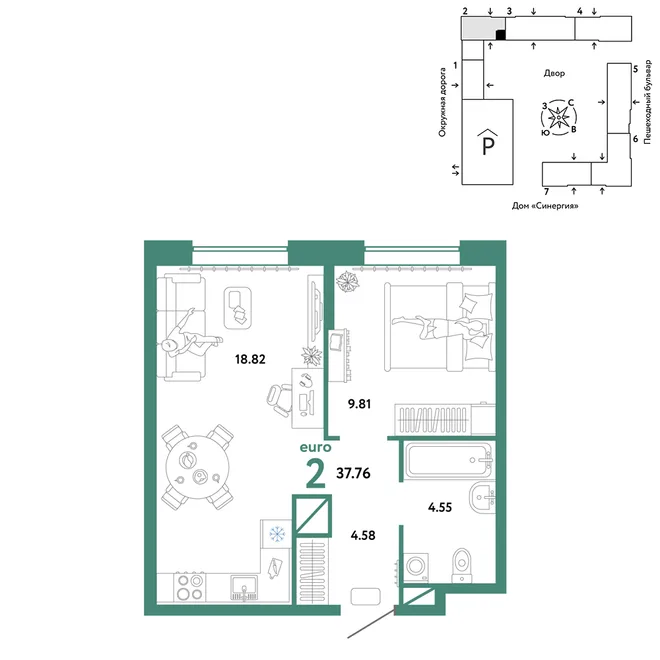Планировка 2-комн. квартира, 37.76 м² ЖК «Юнион» Планировка 2-комн. квартира, 37.76 м² ЖК «Юнион»