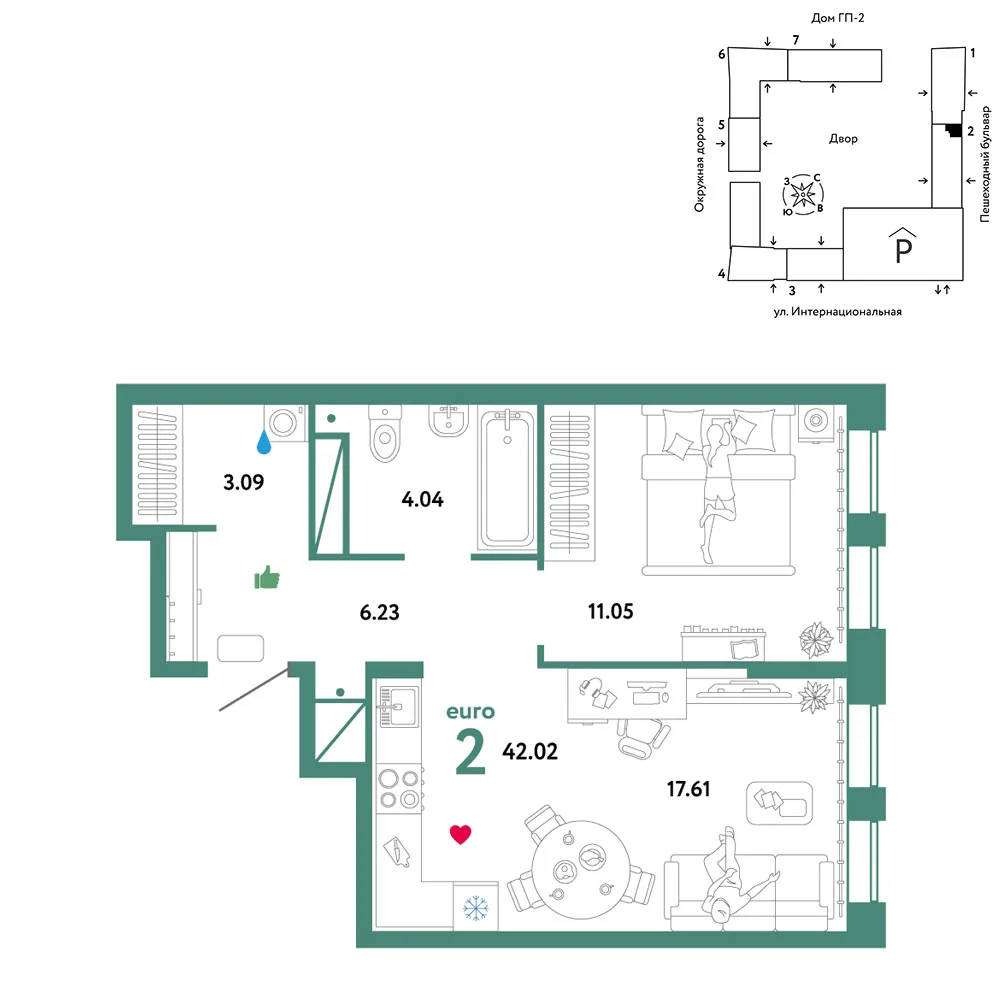 Планировка 2-комн. квартира, 42.02 м² ЖК «Юнион»
