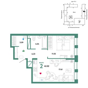 Планировка 2-комн. квартира, 42.02 м² ЖК «Юнион»