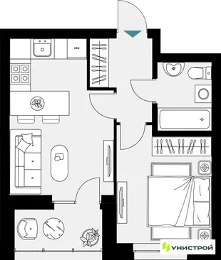 Планировка 1-комн. квартира, 35.98 м² ЖК «Уникум на Амирхана»