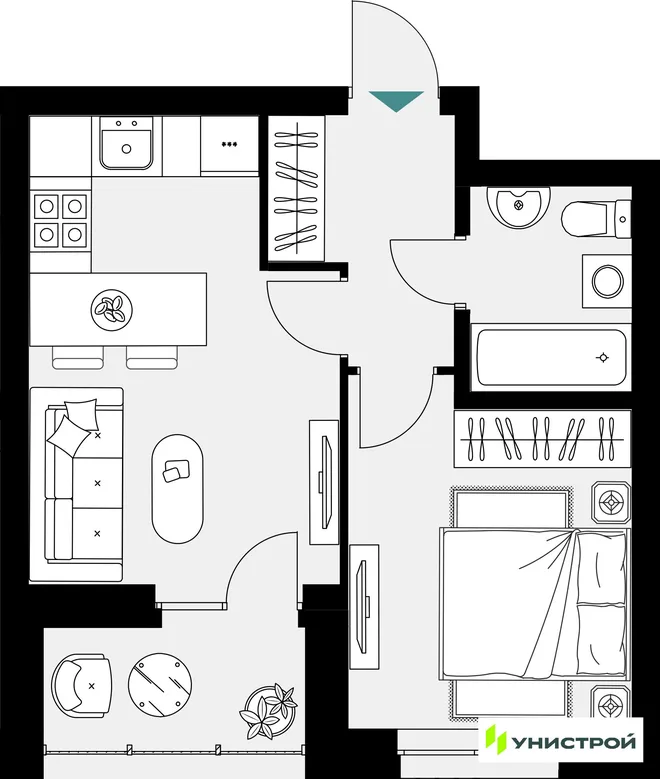 Планировка 1-комн. квартира, 35.98 м² ЖК «Уникум на Амирхана»