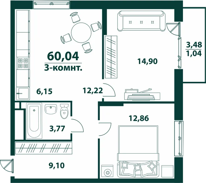 Планировка 3-комн. квартира, 60.04 м² ЖК «Аквамарин 2» Планировка 3-комн. квартира, 60.04 м² ЖК «Аквамарин 2»