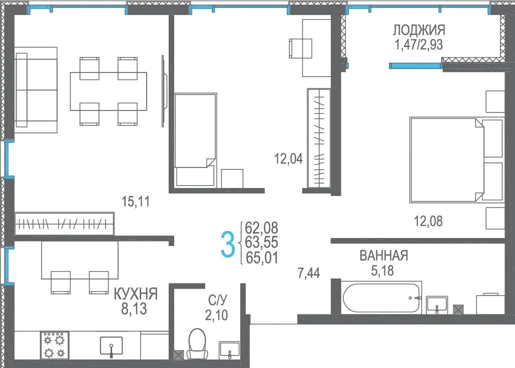 Планировка 3-комн. квартира, 65.01 м² ЖК «Розовое озеро»