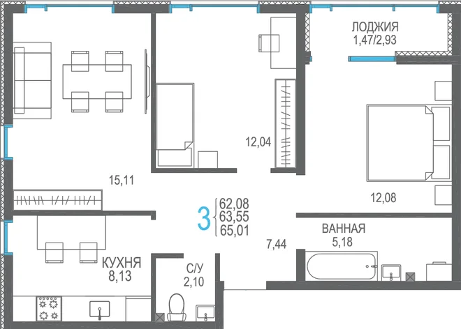 Планировка 3-комн. квартира, 65.01 м² ЖК «Розовое озеро» Планировка 3-комн. квартира, 65.01 м² ЖК «Розовое озеро»