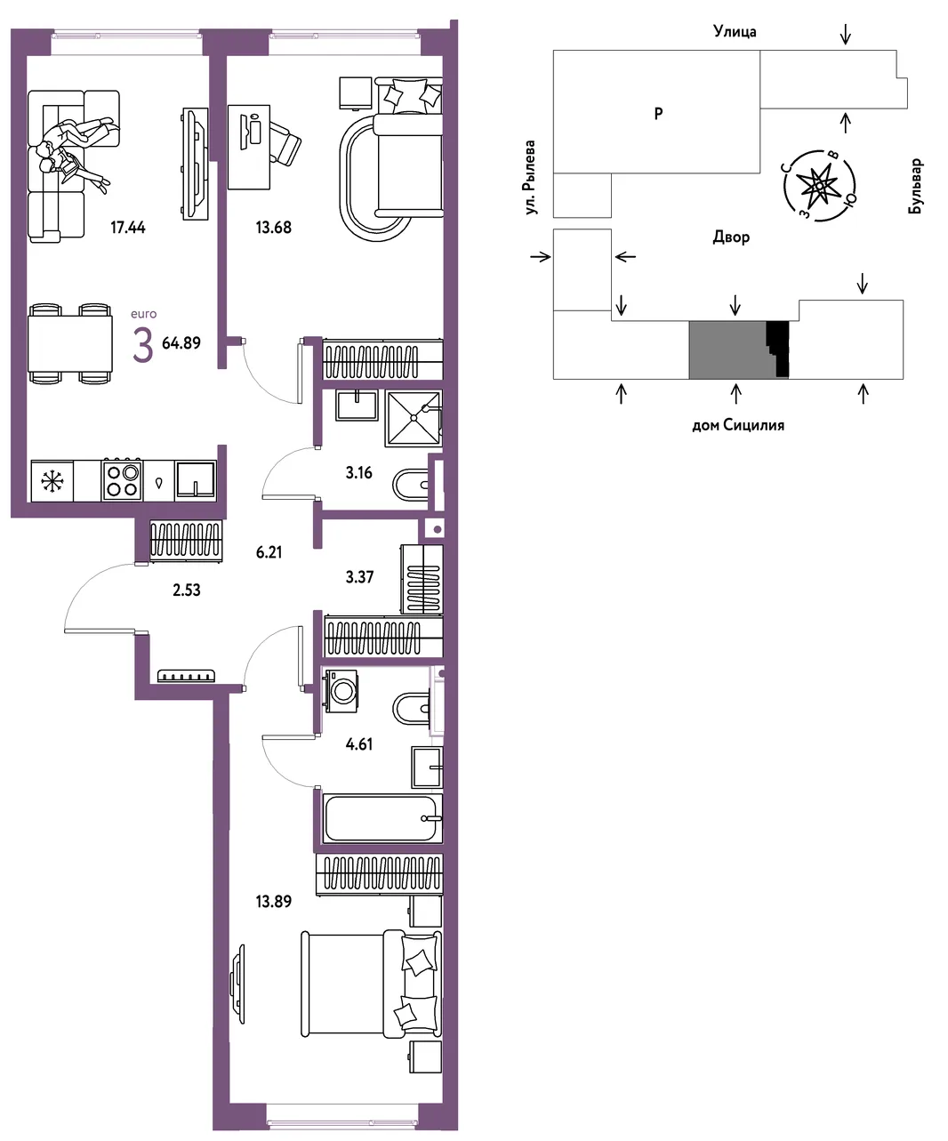 Планировка 3-комн. квартира, 64.89 м² ЖК «Остров-сад»